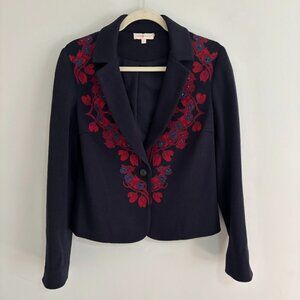 Tory Burch Lisanne Blue and Red Embroidered Blazer